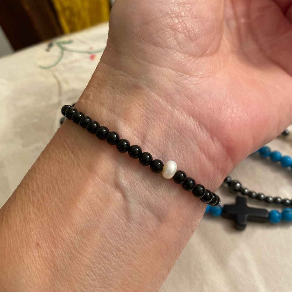 Genuine black onyx, turquoise, pearl /Evil Eye bracelet high quality - Picture 6 of 9